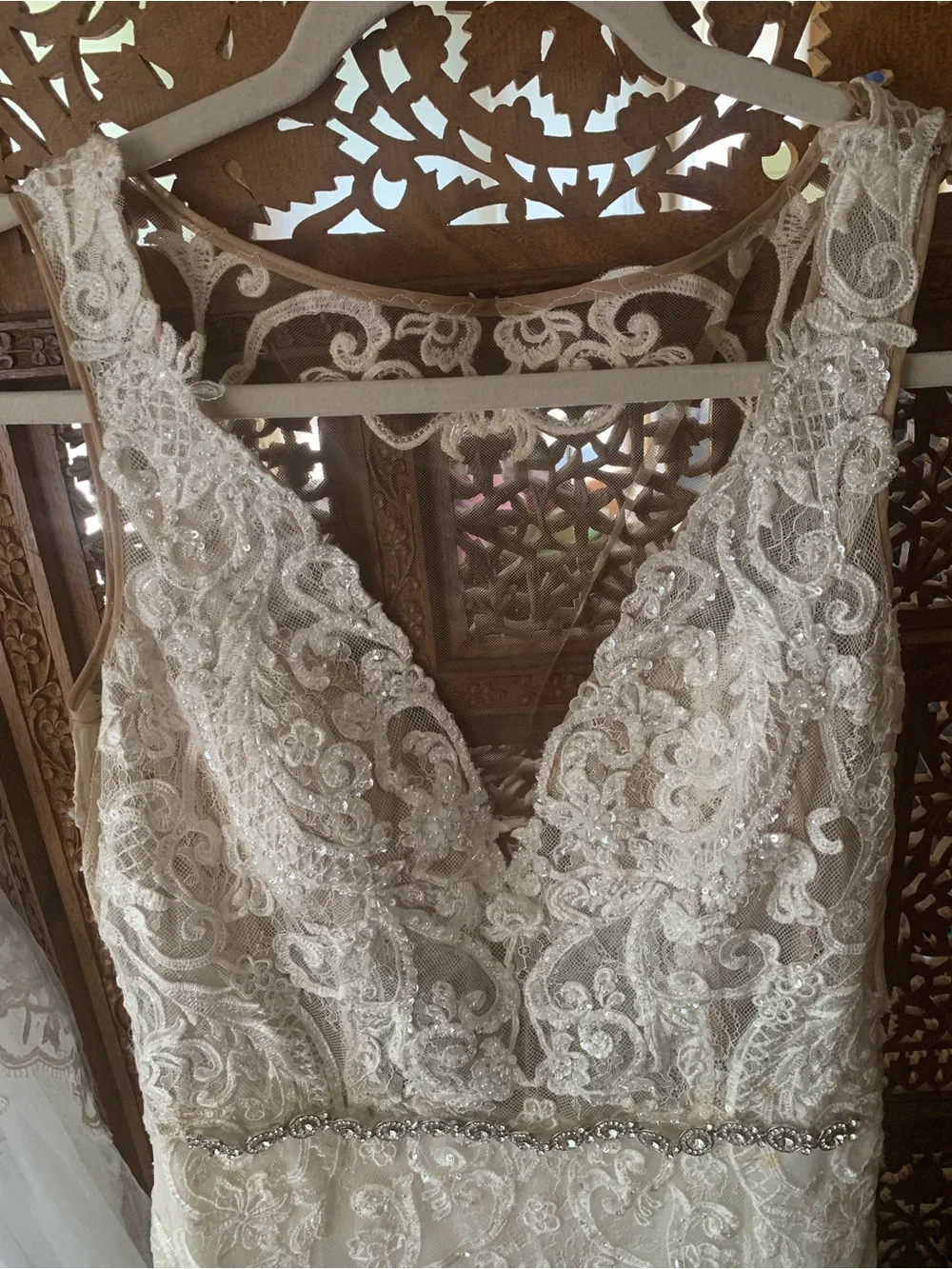Galina Signature Ivory Lace V-Neck Wedding Gown SWG 772 - Picture 2 of 11